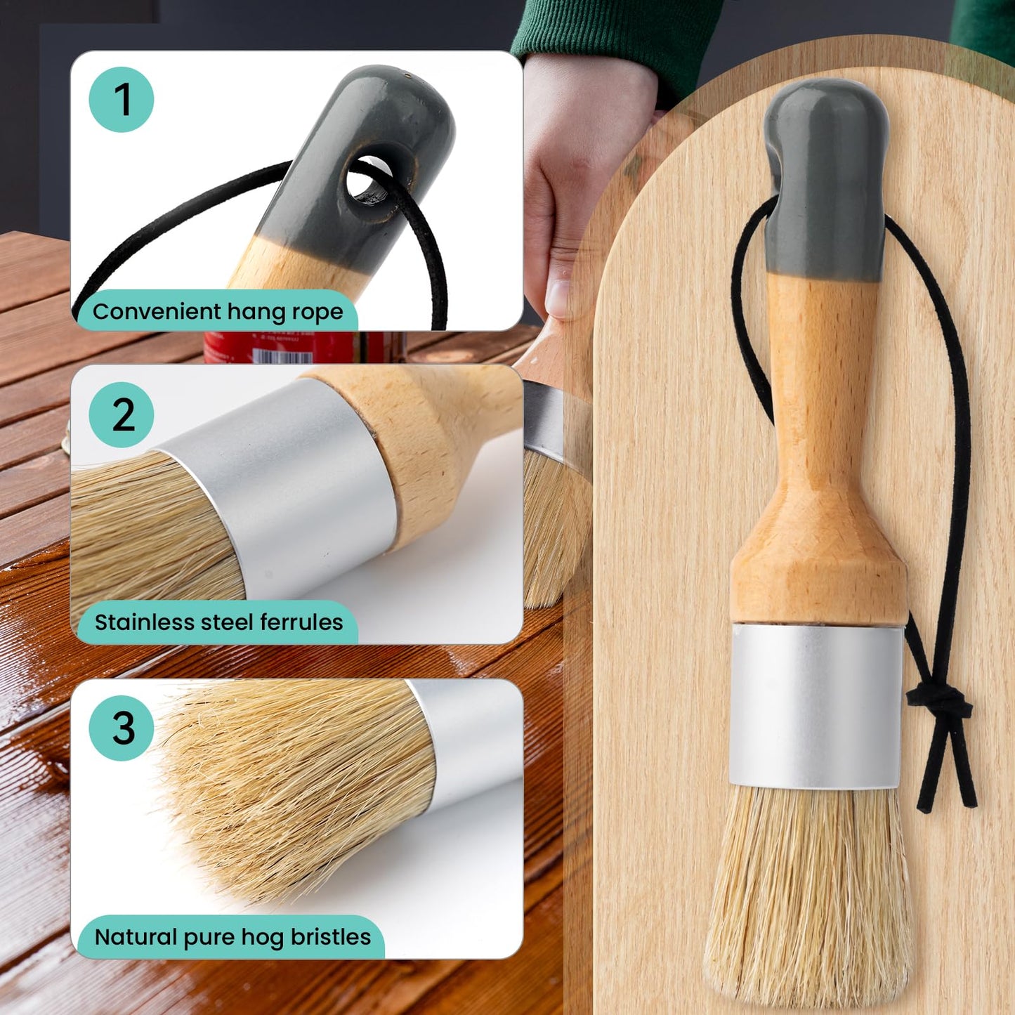Mister Rui Chalk Wax Paint Brush, 5pcs, Wax Brushes for Waxing and Stenciling, Natural Bristles Round Paint Brushes, Ideal for DIY Home Decor, Art Crafts