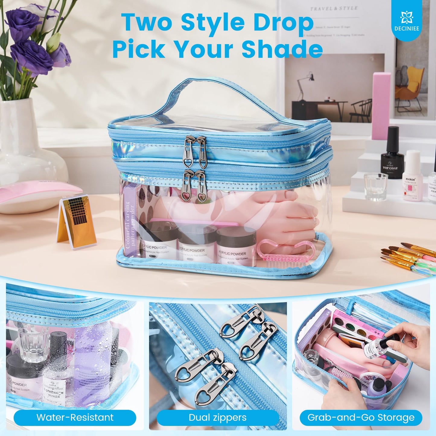 Nail Kit for Beginners with Everything: Professional Acrylic Powder Liquid Set with Nail Practice Hand Drill U V Light in Cosmetic Bag Gift for Women Salon Home (Blue)