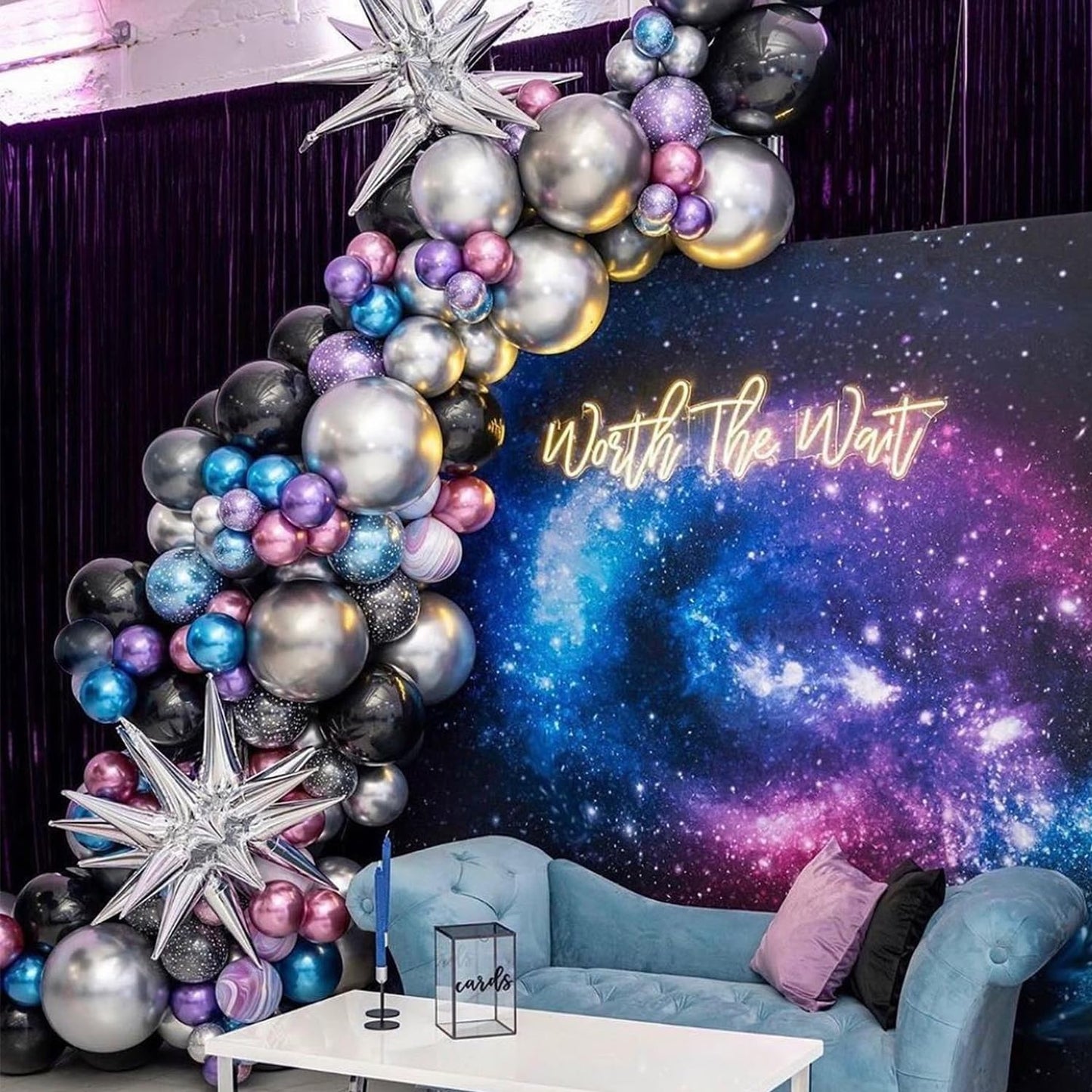 Galaxy Space Balloon Arch Garland Kit for Outer Party Decorations,144Pcs Chrome Metallic Blue Purple Silver Navy Blue Black Balloons for Boys Kids Baby Shower Party Solar System Supplies