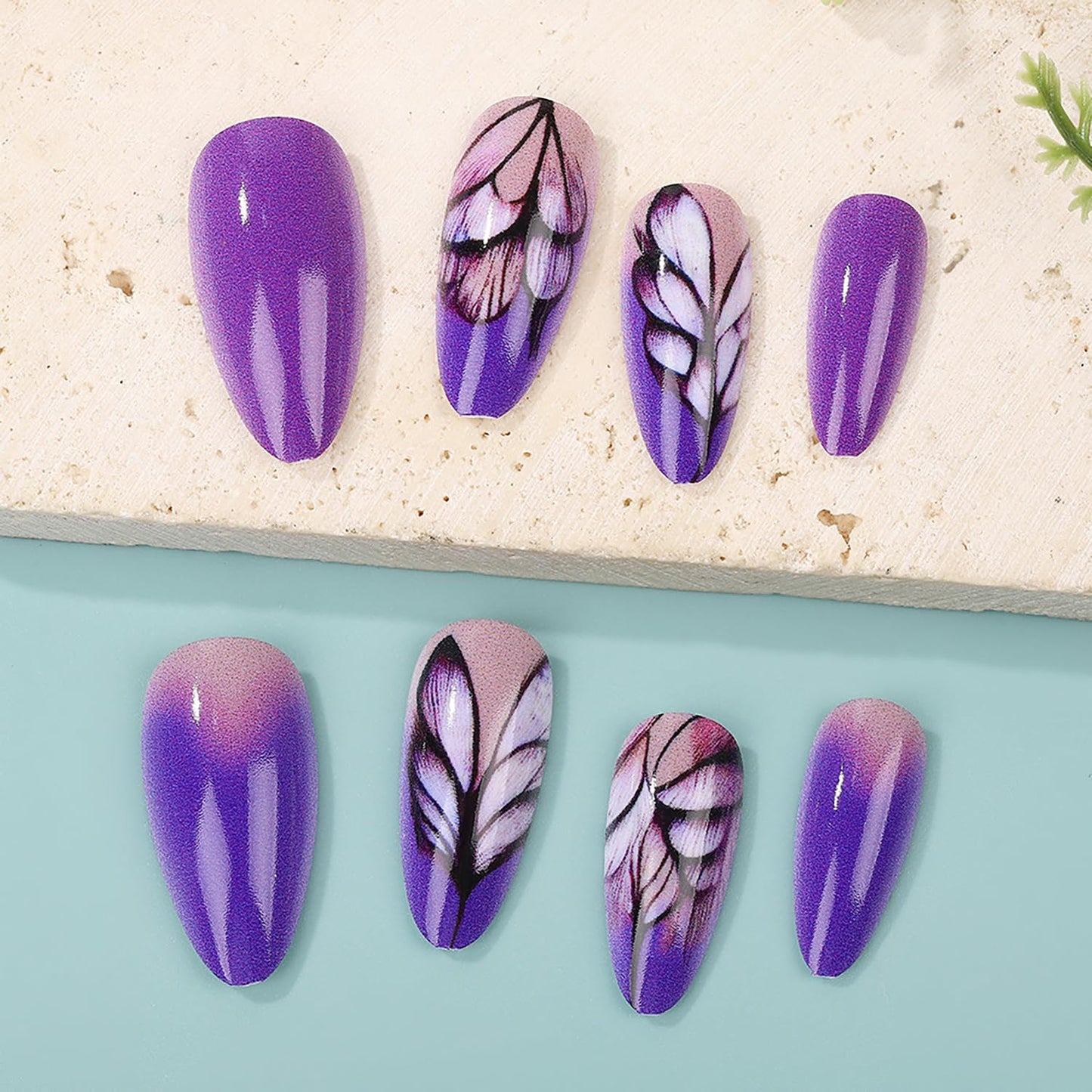 Dark Purple Gradient Press on Nails Medium Almond Shaped Purple Feather Pattern Design Full Cover Glossy Acrylic False Nail Almond Tip Artificial Fingernails Reusable Press Ons Glue on Nails for Women