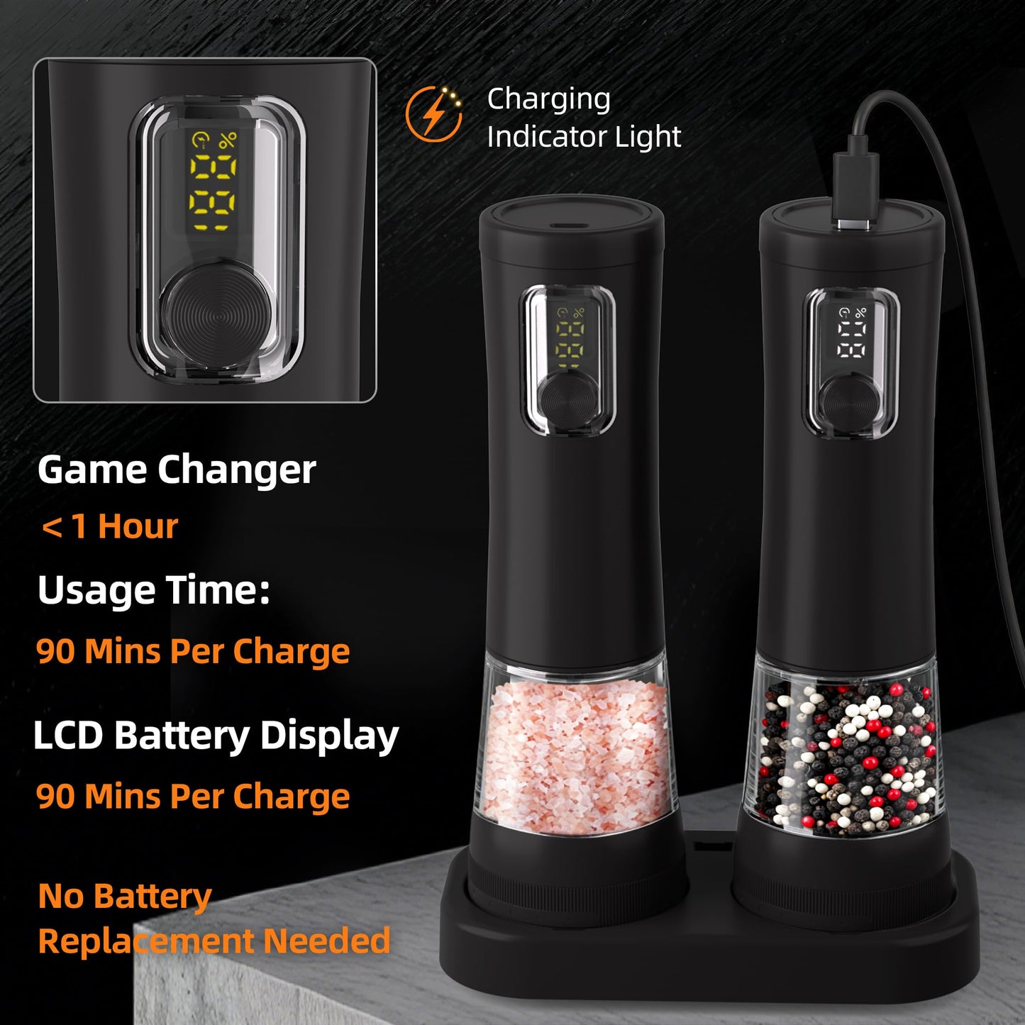 Electric Salt and Pepper Grinder Set-2 Pack Rechargeable Automatic Pepper Mill with Base,5-Level Adjustable Coarseness, Display, LED Lighting, Large Capacity-Ideal for Kitchen, BBQ Gifts (2, Black)