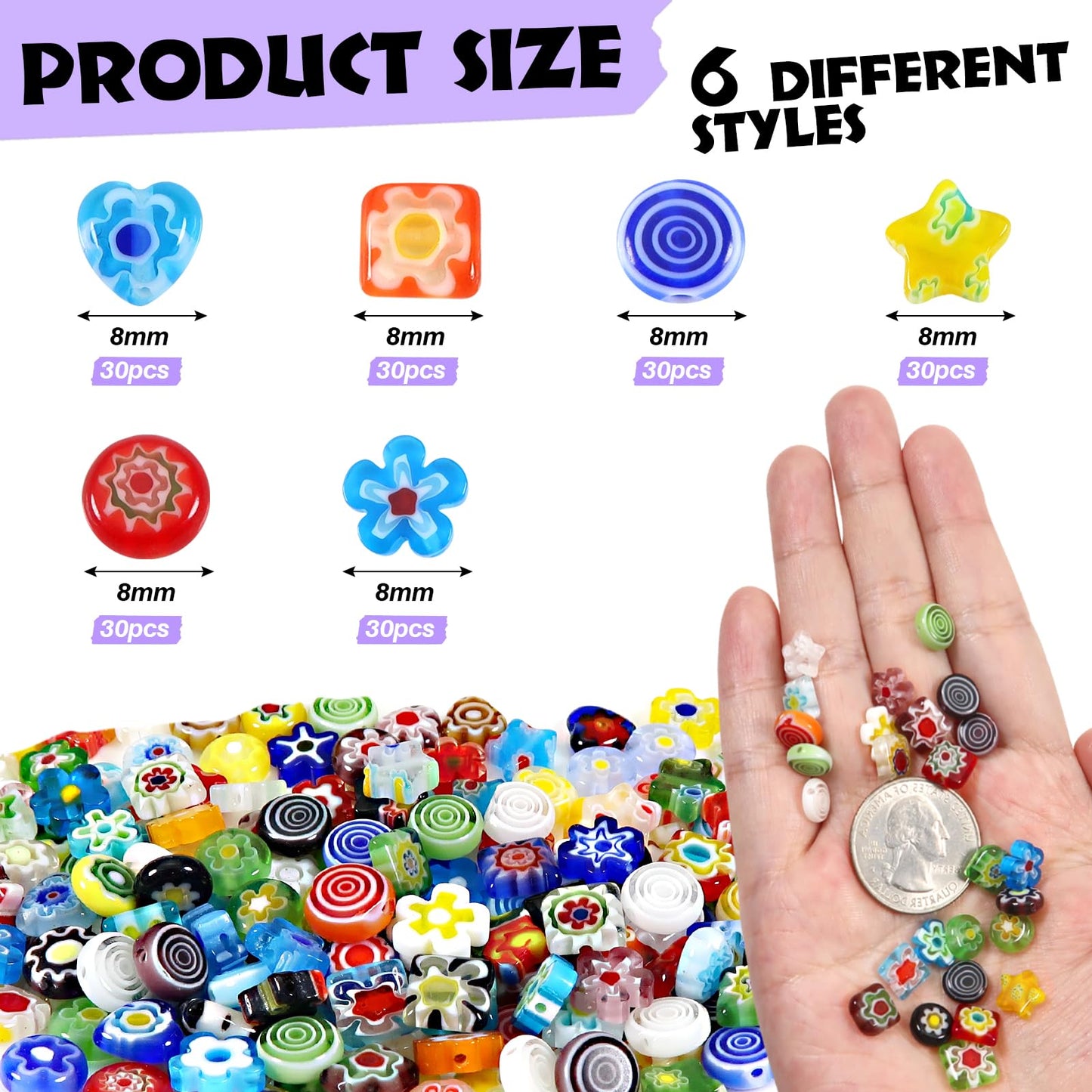 TOAOB 180pcs Assorted Lampwork Beads 8mm Glass Loose Spacer Beads for DIY Crafts Jewelry Making Bracelets Necklaces