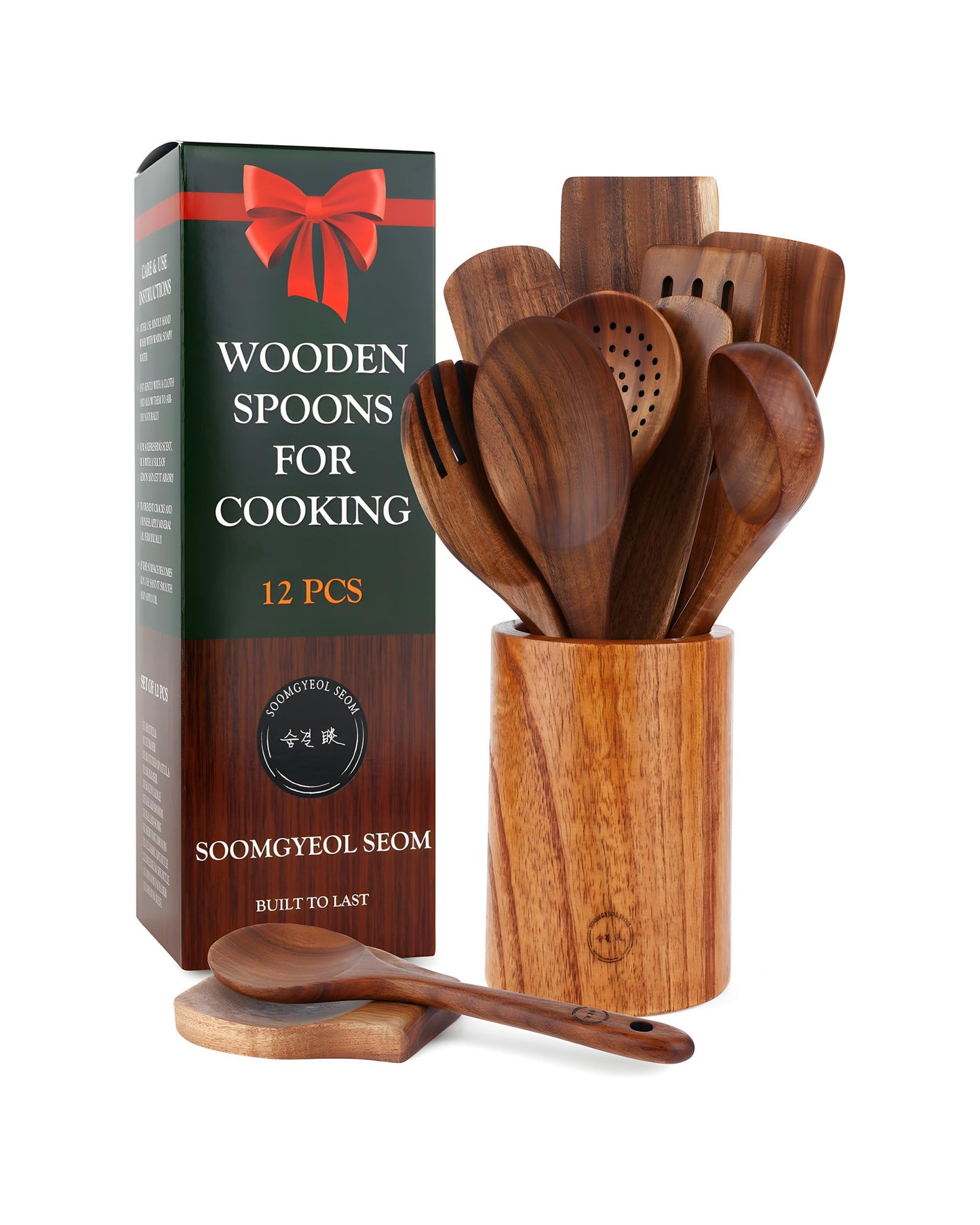12-Piece Natural Teak Wood Utensil Set with Holder & Rest - Nonstick Cooking Spoons, Spurtles, Heat Resistant Tools