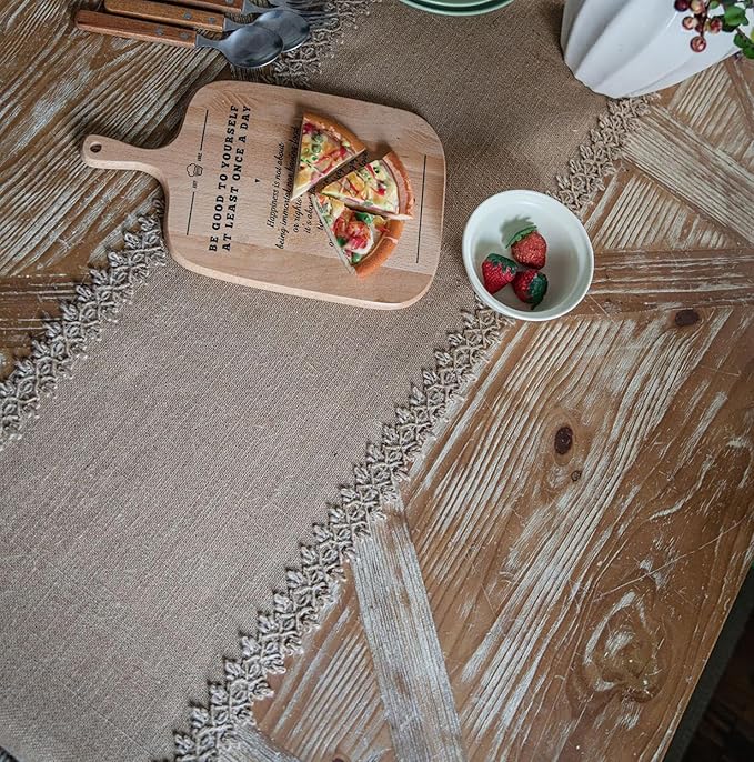 Natural Jute Table Runner, Burlap Style Table Runner, Rustic Farmhouse Table Runner Country Vintage for Wedding, Party Table Decorations, Boho Décor Jute Gold Tassel Placemat Set of 4 (30x50cm) TAB28