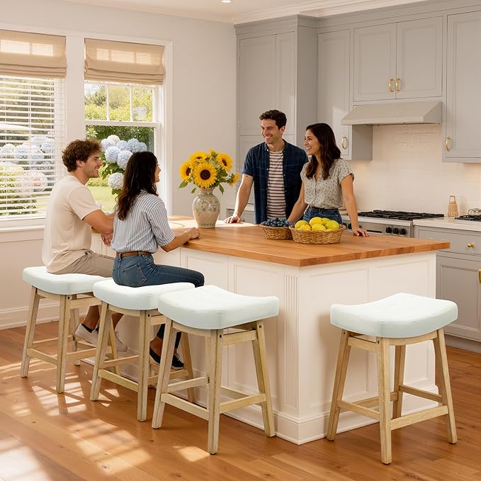 Counter Height Bar Stools Set of 4 for Kitchen Island Modern Barstools with Upholstered Faux Leather Backless Seat and Solid Wood Legs, 24 inch Farmhouse Bar Chairs, White