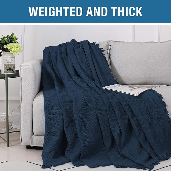 H.VERSAILTEX Cotton Sofa Covers Couch Cover Sofa Slipcover for Most Shape Sofas, Feature Thick Woven Jacquard Seamless with Tassels, Multi-Use Decorative for Couch (XX-Large: 91" x 134", Navy)
