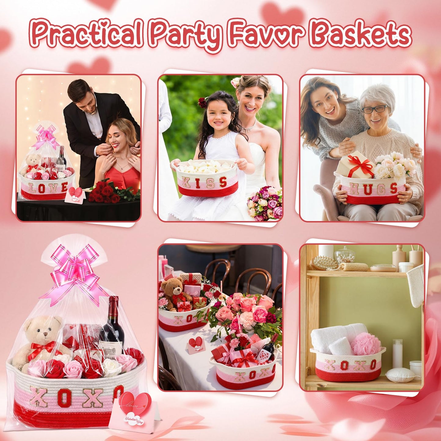 8 Set Valentines Day Gift Basket Woven Empty Basket with Cellophane Bags Pull Bow Greeting Card & Letter Stickers Empty Decorative Gifts Chest Box with Handles for Party Favors Baby Shower (Small)