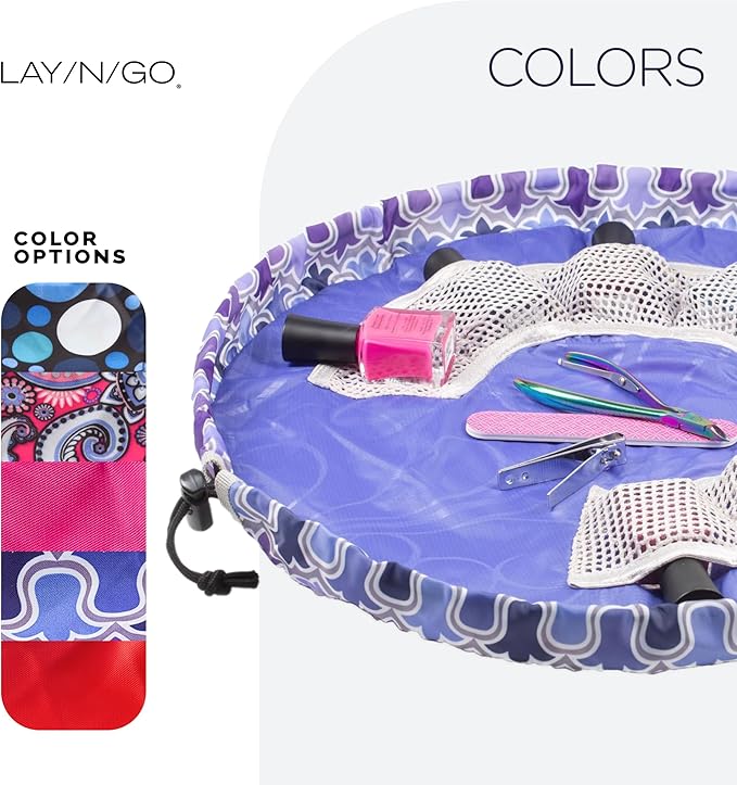 Lay-n-Go NailSpa Drawstring Cosmetic Bag - Portable Nail Supplies Organizer Bag w/ 8 Elastic Mesh Pockets & Circular Center -Durable, Machine Washable Nail Kit Organizer (18", Violet Floral [Purple])
