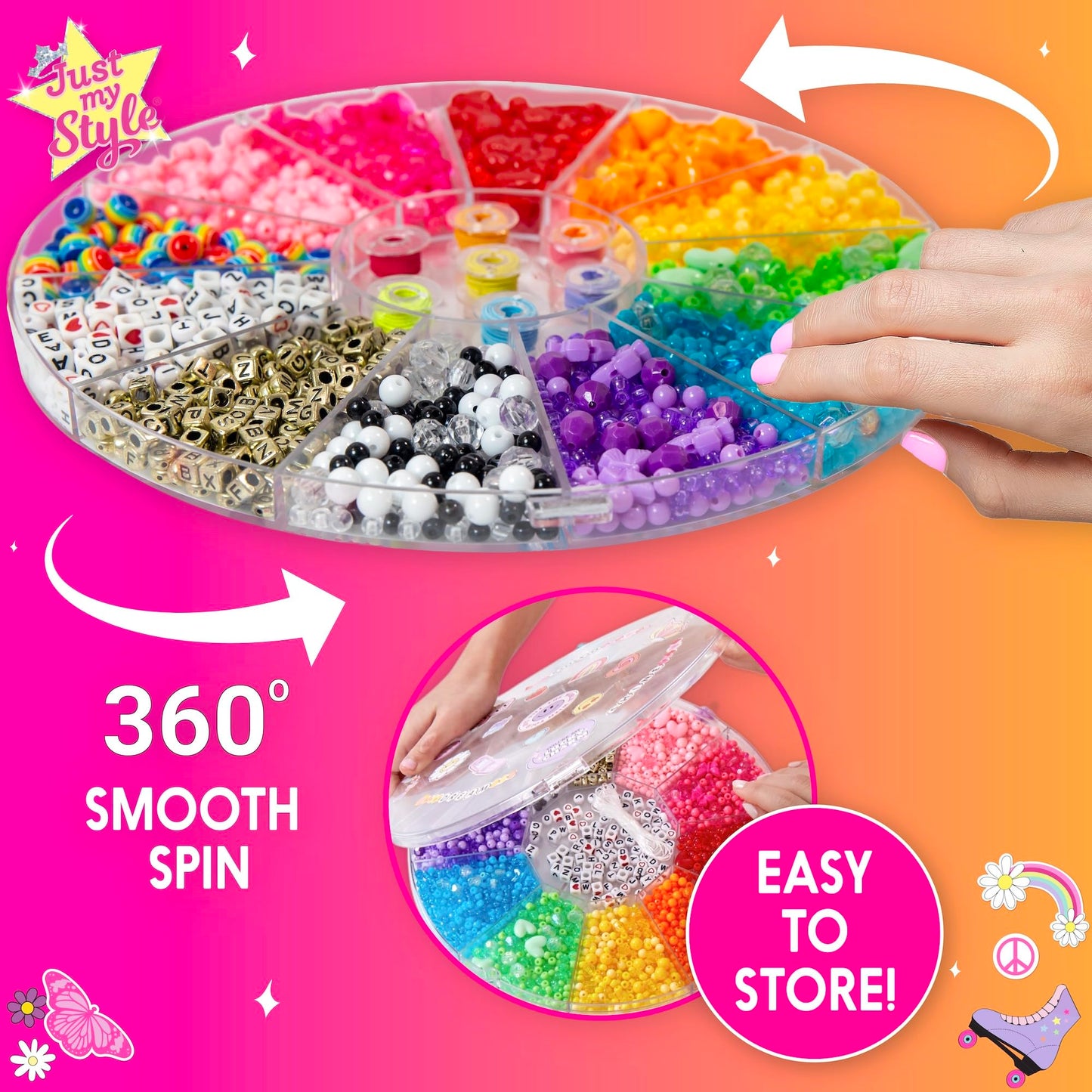 Just My Style Rainbow Bead Spinner, DIY Bracelet Making Kit with Swiveling Bead Case, Includes Over 1,000 Beads for Bracelet Making, Elastic, and More