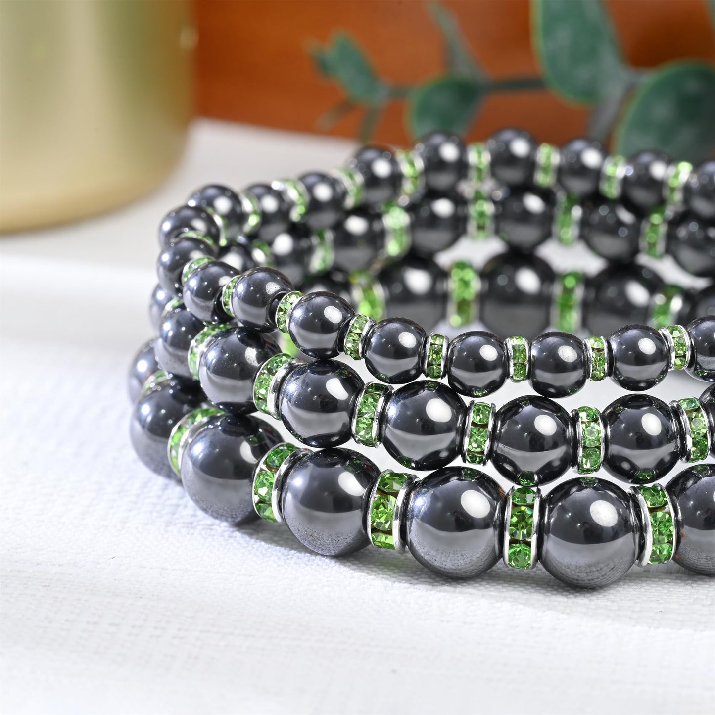 Apocalyptic-K Women's Magnetic Bracelet，Hematite Bracelets，Magnetic Bracelets With Zirconia,Handmade Stretch Bracelet，Eliminates static electricity. (Green Zirconia,10MM)