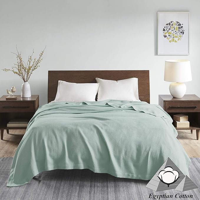 Madison Park Soft Certified 100% Egyptian Cotton Breathable Cozy Blanket, Premium Waffle Knit Classic Design, Luxury All Season Lightweight Cover for Bed, Couch and Sofa, Seafoam King(108"x90")