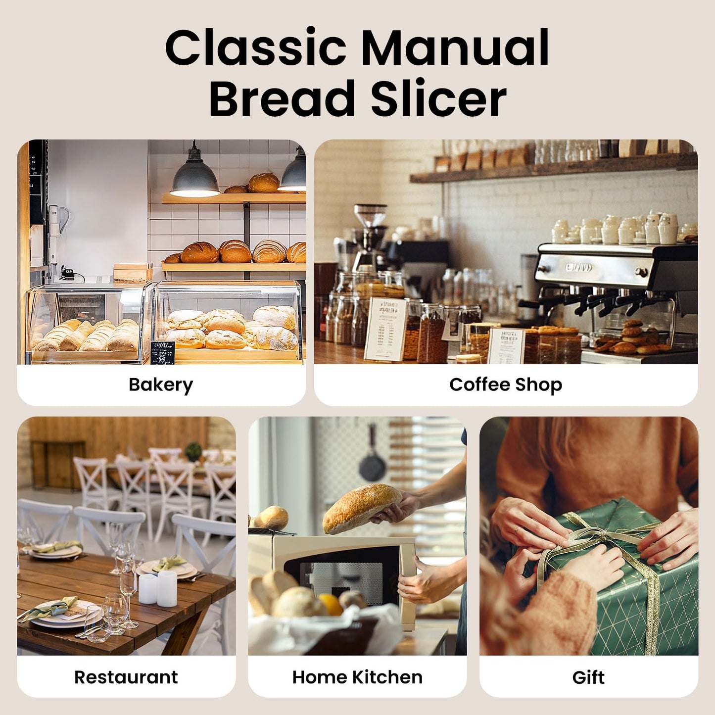 Manual Bread Slicer for Homemade Bread, Bread Cutter for Adjustable and Even Slices, Classic Hand Crank Sourdough Slicer with Scale Line & Powerful Suction Cup, Sharp Stainless Steel Blade (Cream)