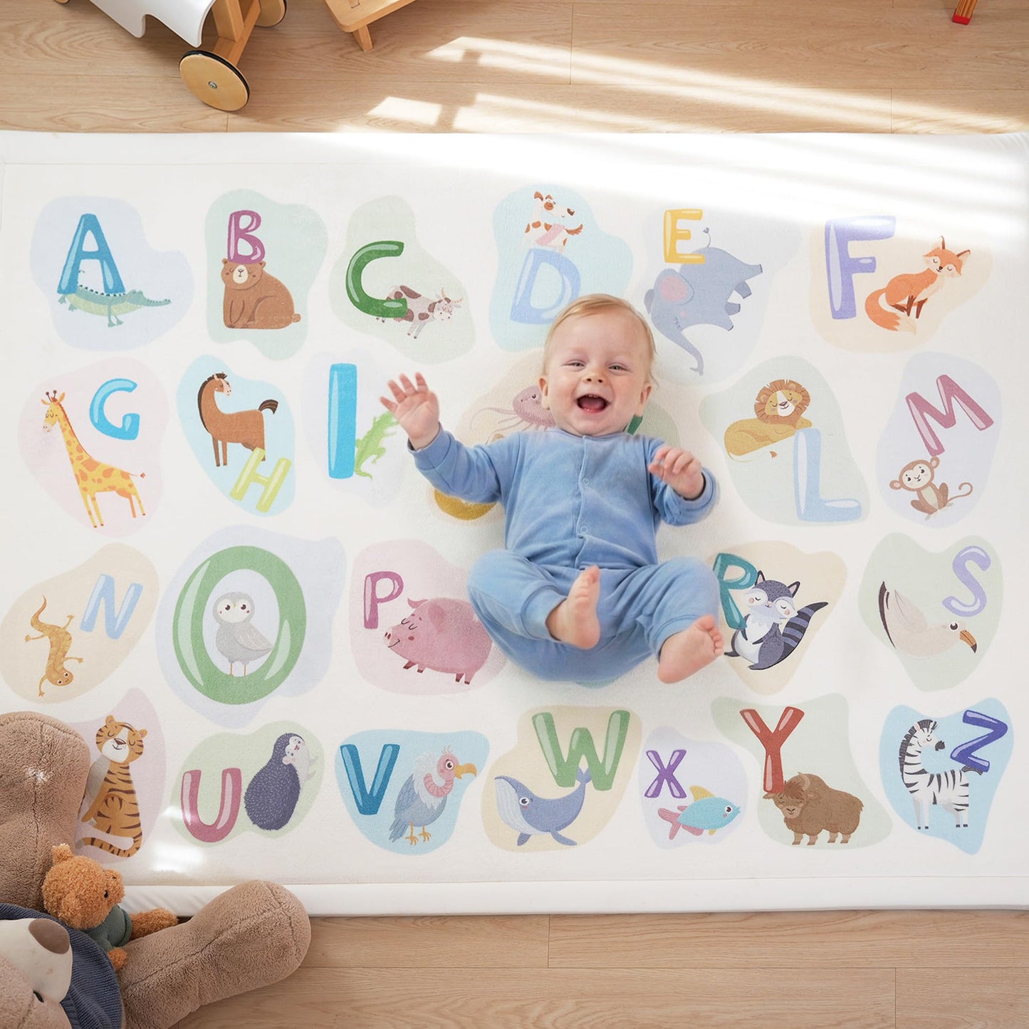 PaPaMat 1.3" Thick Educational Baby Floor Play Mat 59x79, Basic Padded Memory Foam Kids Mat, Non-Slip Plush Playmat for Nursery Playroom Classroom (ABC Animal)