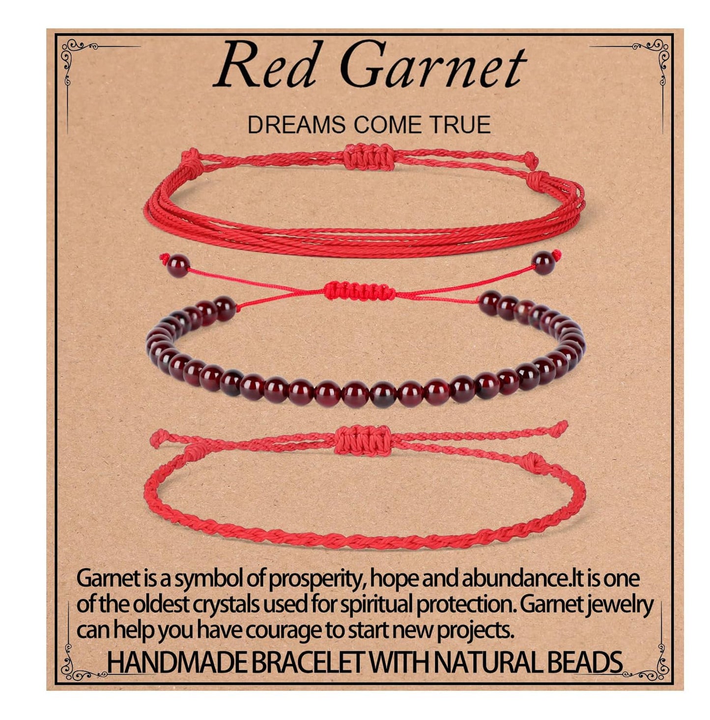 QOGIR Handmade Healing Bracelets,4mm Natural Red Garnet Gem Stone Beads Bracelet for Men Women Gifts with 2PCS Size Adjustable Rope Bracelets