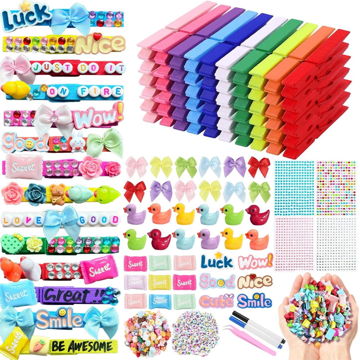 Hodvya 80 PCS Cheer Pins Spirit Clips Include 80 PCS Colored Wooden Clothes pins 99 Pcs Mini Resin Ducks Animals mini Bows and Stickers Pen 200 Beads Pearls Cheer pins for Cheerleaders