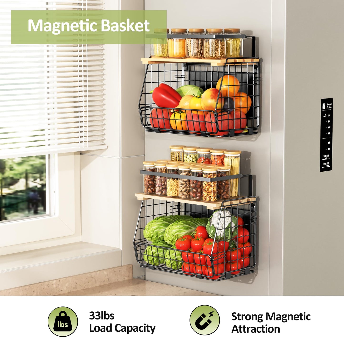 GGIU Magnetic Shelf for Fridge with Lid: 2 Pack Fruit Potato and Onion Storage Bin - Magnetic Spice Rack for Refrigerator & Kitchen Counter - Pantry Organizers and Storage