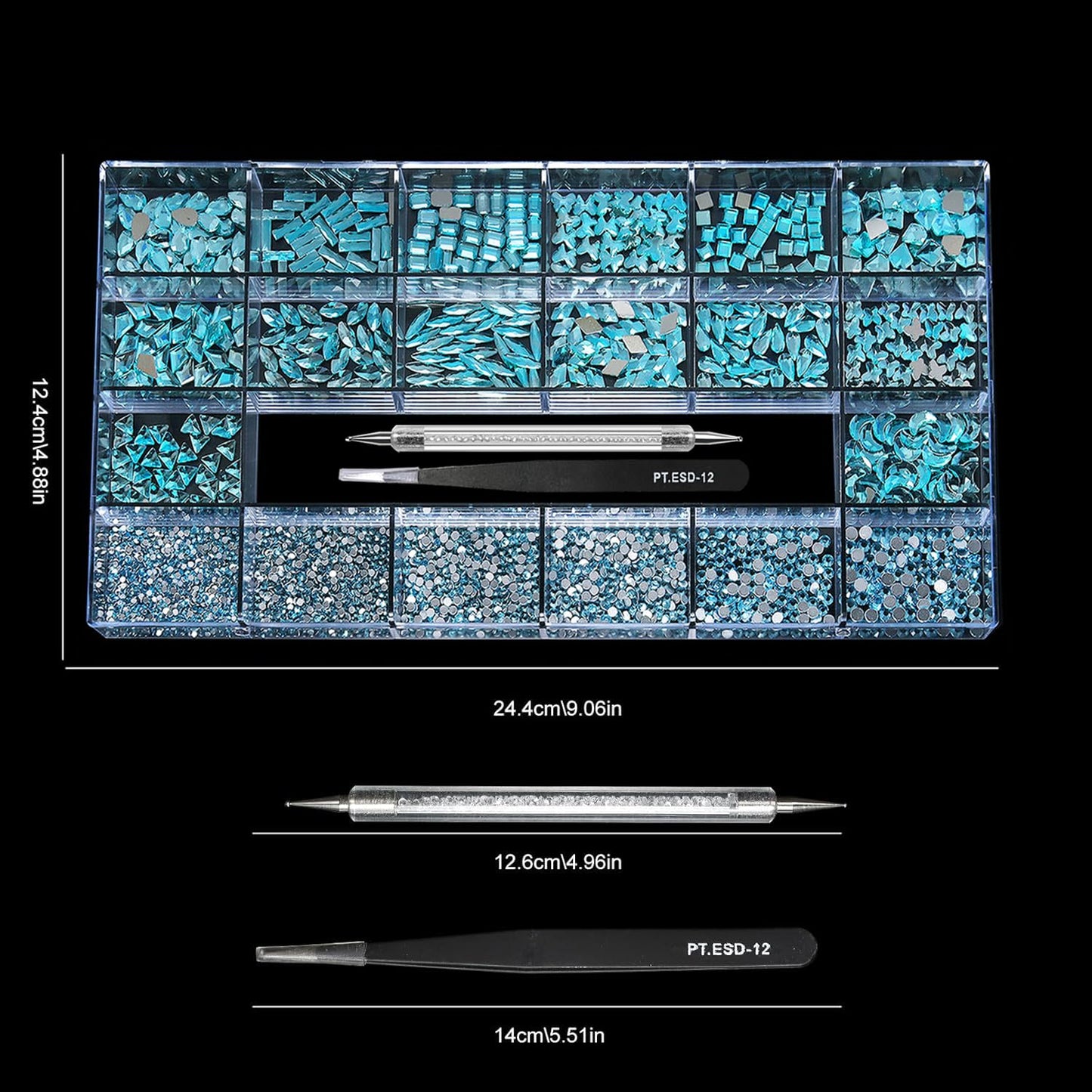 Yzzseven 14 Types of 700 Lake Blue Diamonds + 2100 Flat Rhinestones Mix 20 Styles Flatback DIY Crafts Rhinestone Crystals 3D Ornament‌s Flat Back Stones Set + Tweezers + Drill Pen