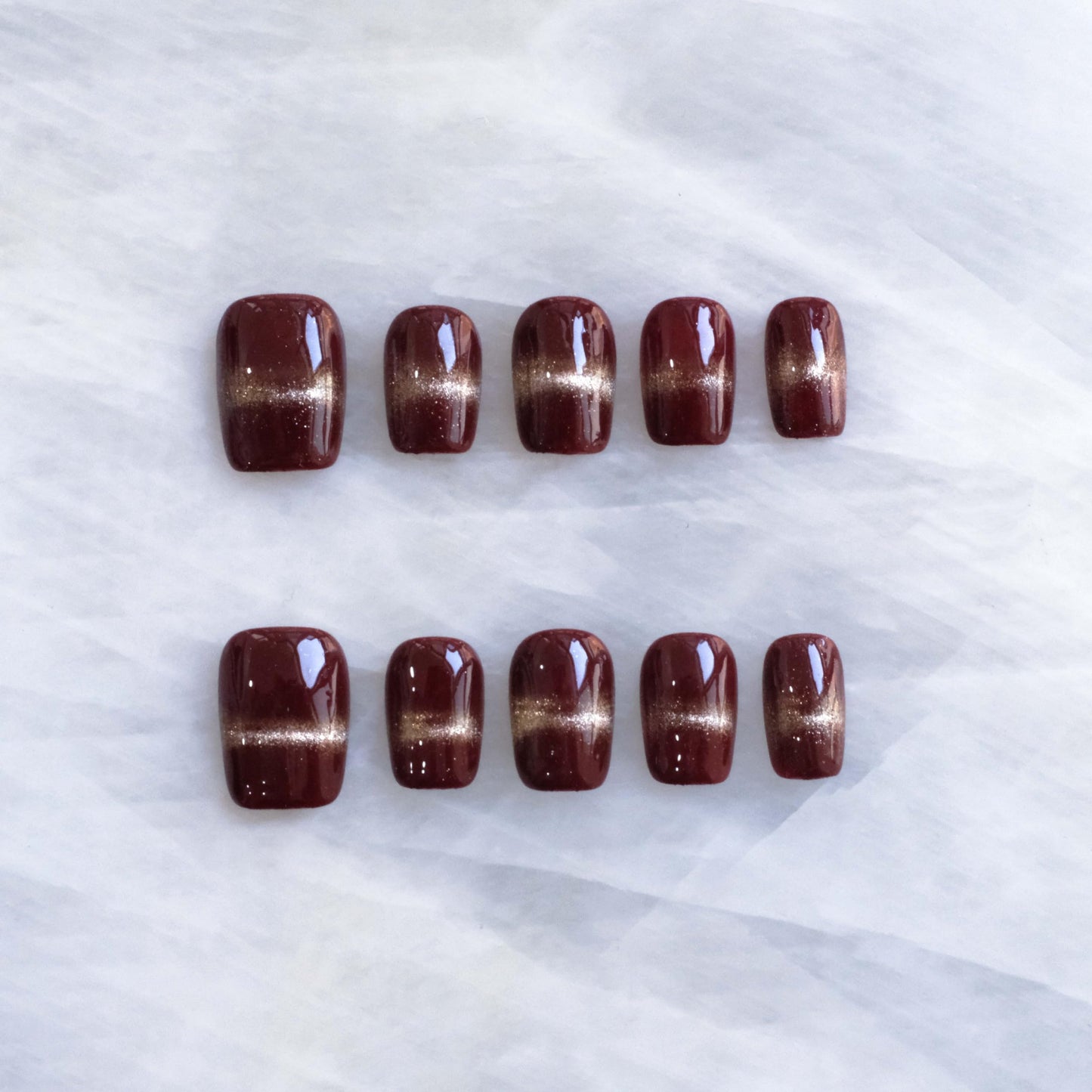 GLORS Wine Red & Gold Press on Nails, Handmade Reusable False Nails with Luxe Sheer Glitter Design, Short Square Shape, 10 Pieces (Small, SS)