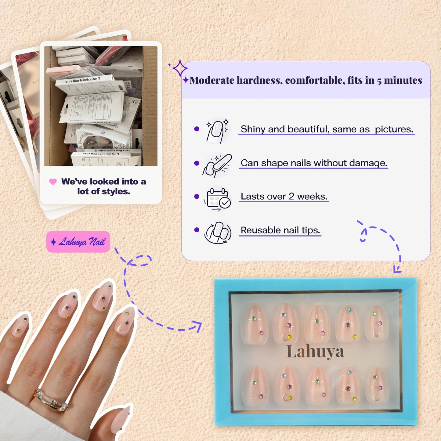Lahuya Press On Nails – Celestial Charm | Designer-Created Short Almond Nude Pink Fake Nails with Colorful Rhinestones, Moon & Sunburst Accents, Glossy Finish | 30 Nails