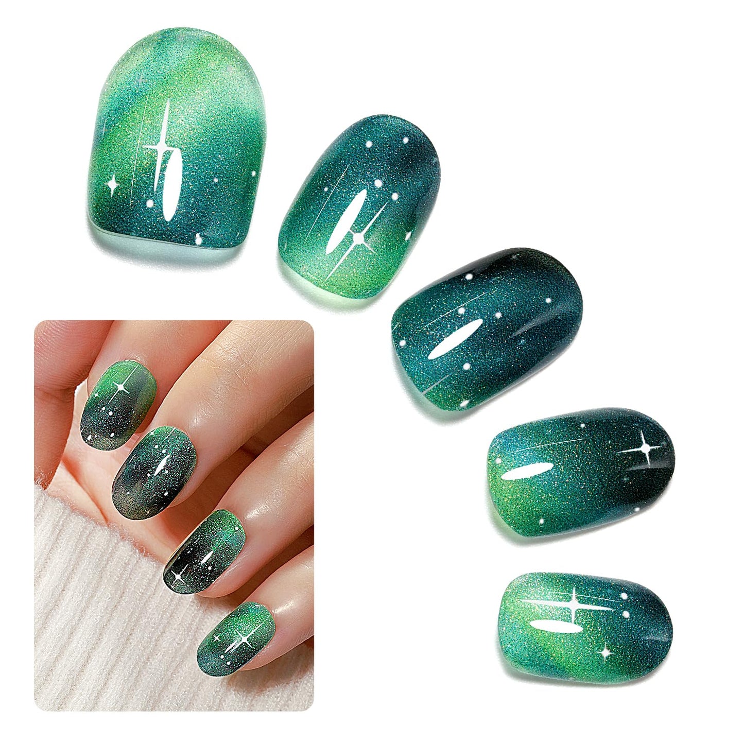 MIZHSE Semi Cured Gel Nail Strips, Green Cat Eye 30PCS Gel Nail Wraps, Stickers, UV Light Required, Salon Quality, Long Lasting Easy to Apply & Remove - Includes 2 Prep Pads, Nail File & Wooden Stick