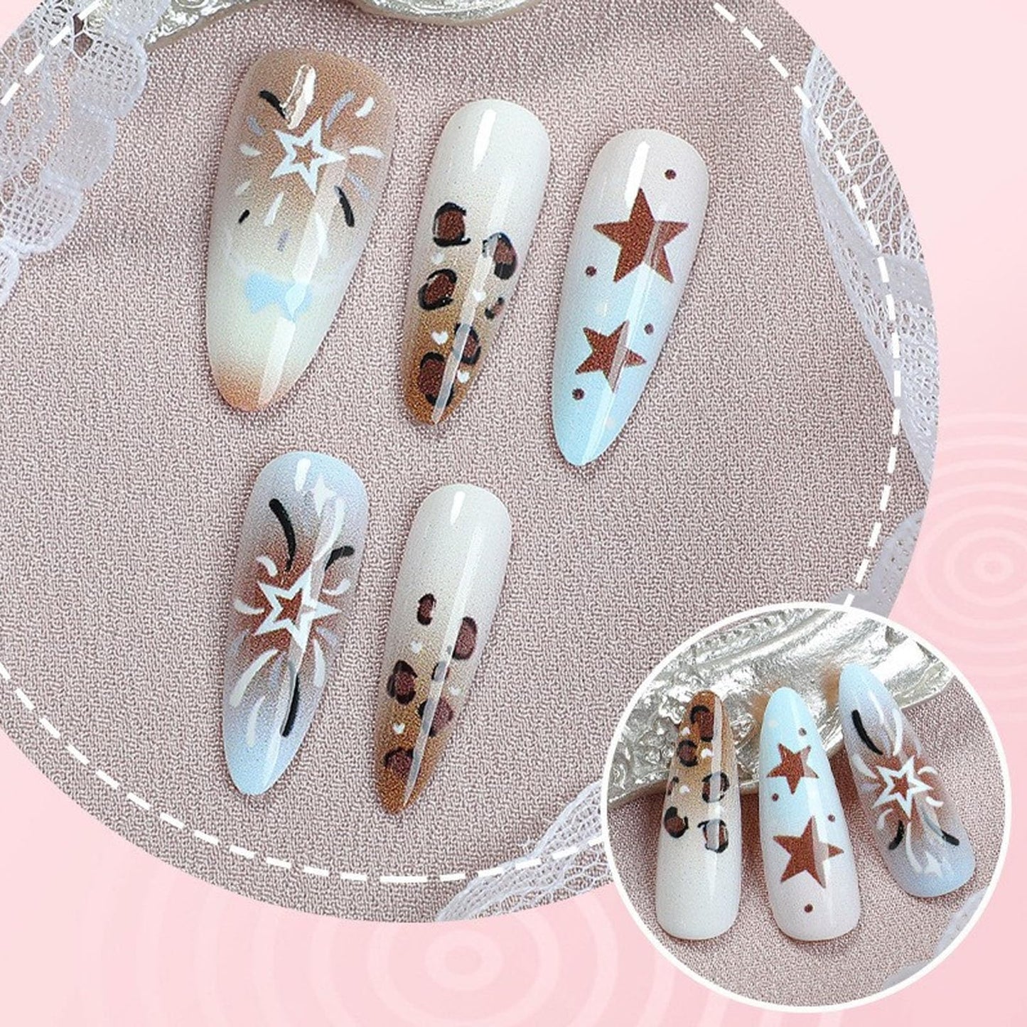 IMSOHOT Press on Nails Long Stiletto Fake Nails Glossy Brown Blue Ombre Acrylic False Nails Full Cover Leopard Print & Star Designs Glue on Nails for Women 24Pcs