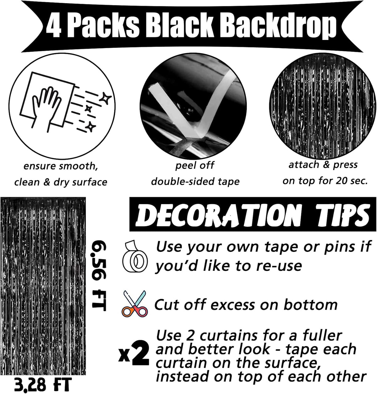 4 Pack Black Fringe Curtain Backdrop, 3.2Ft x 6.6Ft Metallic Tinsel Foil Fringe Streamers Background for Photo Booth Birthday Wedding Baby Shower Carnival Easter Mother’s Day Party Decorations
