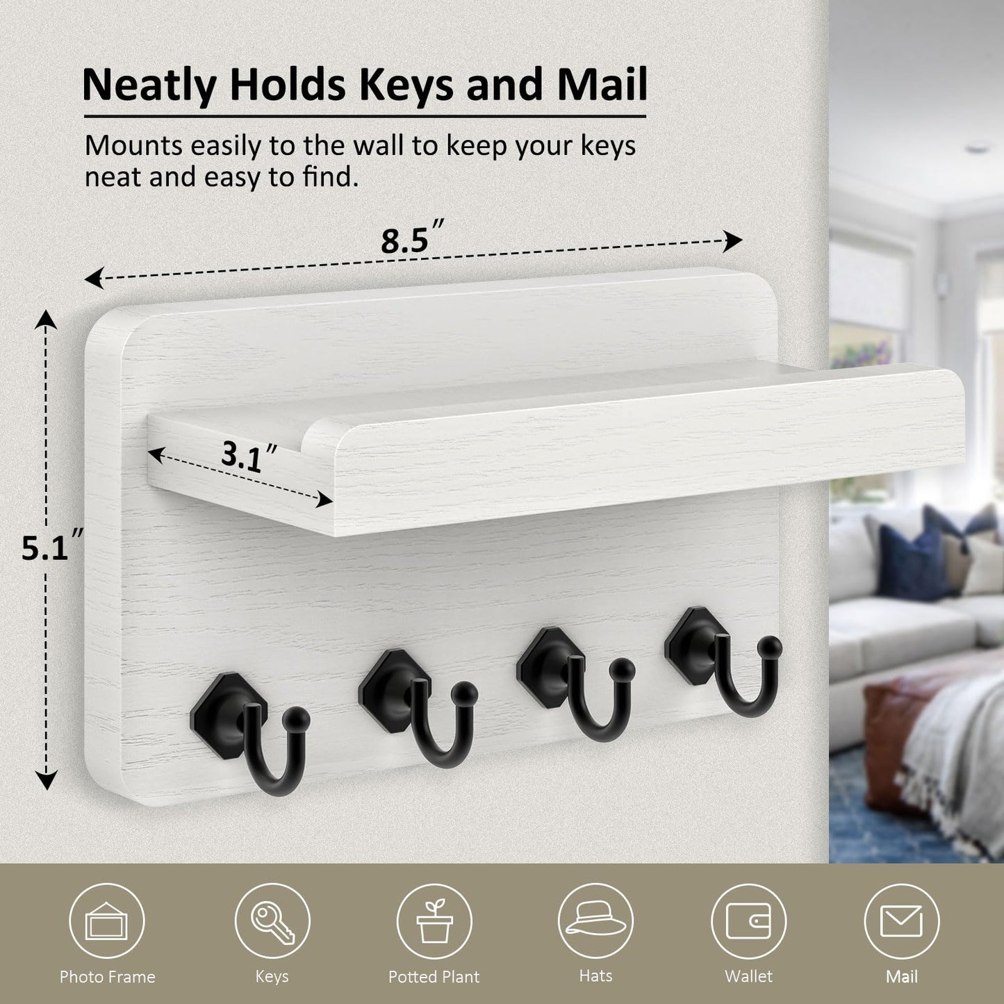 Nekon Key Holder Wall Mount, 8.5 Inch Small Home Decor Wooden Wall Organizer with 4 Hooks and Shelf, Key and Mail Holder for Living Room Entryway Kitchen(White)