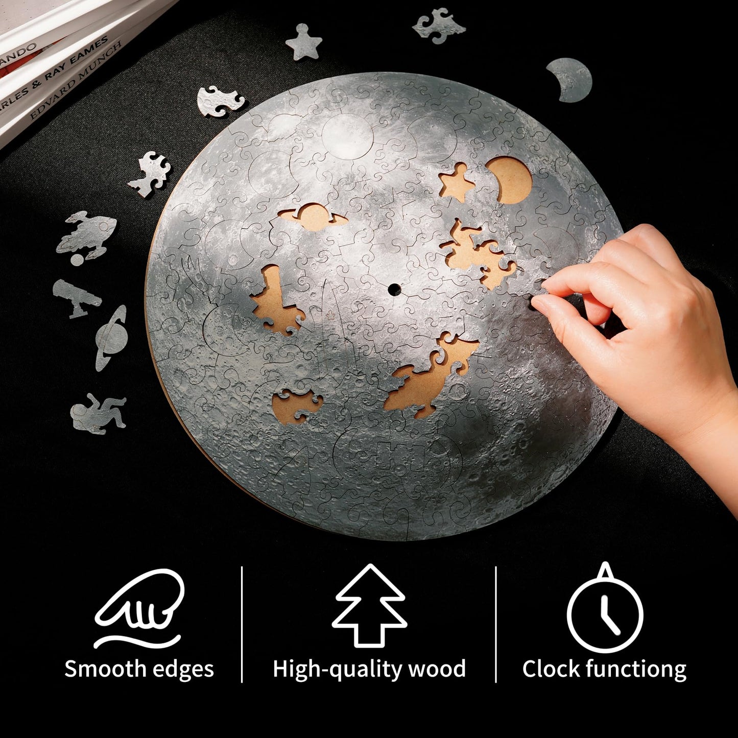 TOI 3D Wooden Puzzle Clock with Unique Moon Phase Numbers, DIY Building Model Kit for Adult, Functional 11 Inch Wall Clock, Creative Home Decoration Gift