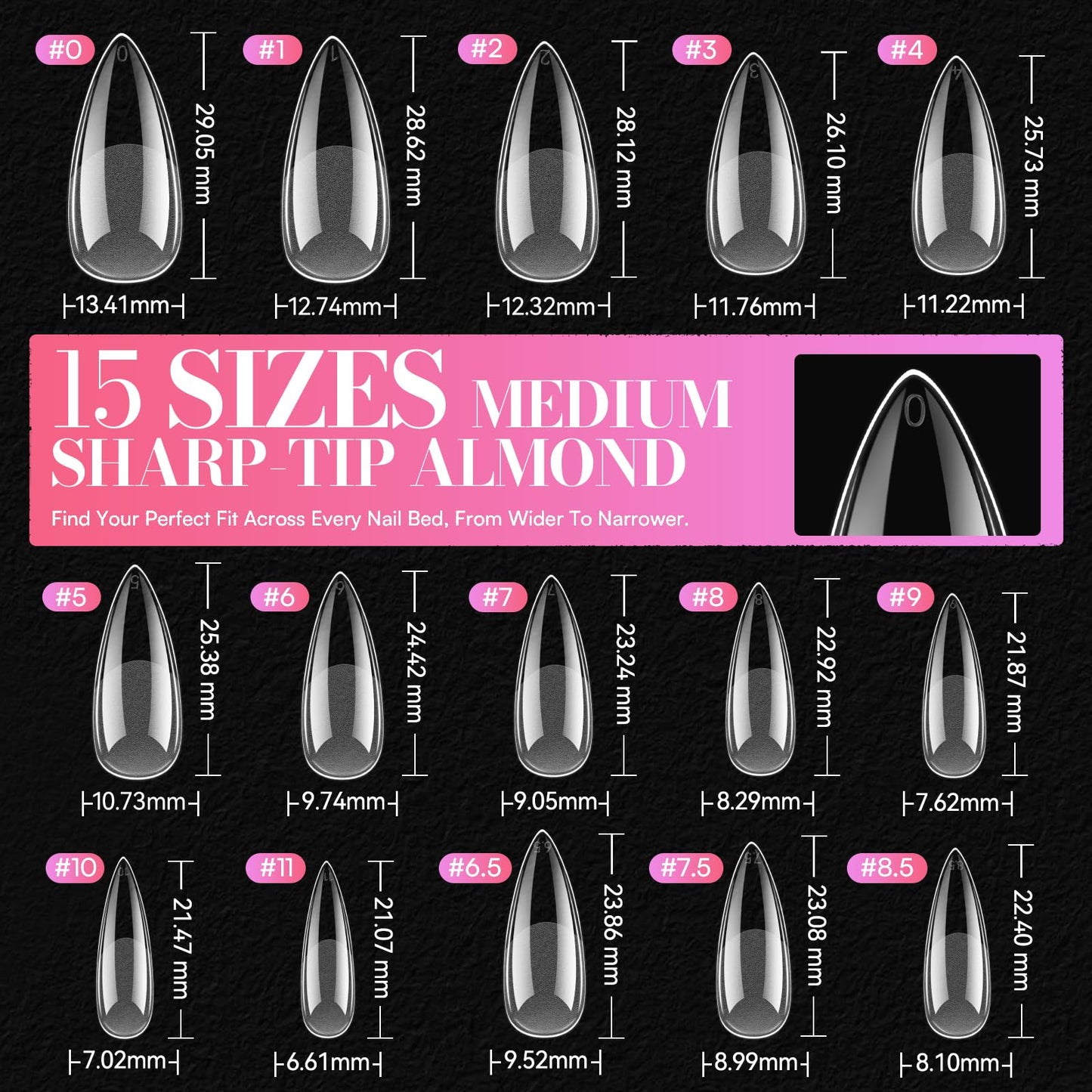 Makartt Medium Sharp Almond Nail Tips: Hybrid Almondetto Shape, 15 Sizes Clear Full Cover Fake Nails Extension, 240PCS Half Matte Soft Gel Tips for DIY Nail Lovers, Press-on Creators, Salon Supplies