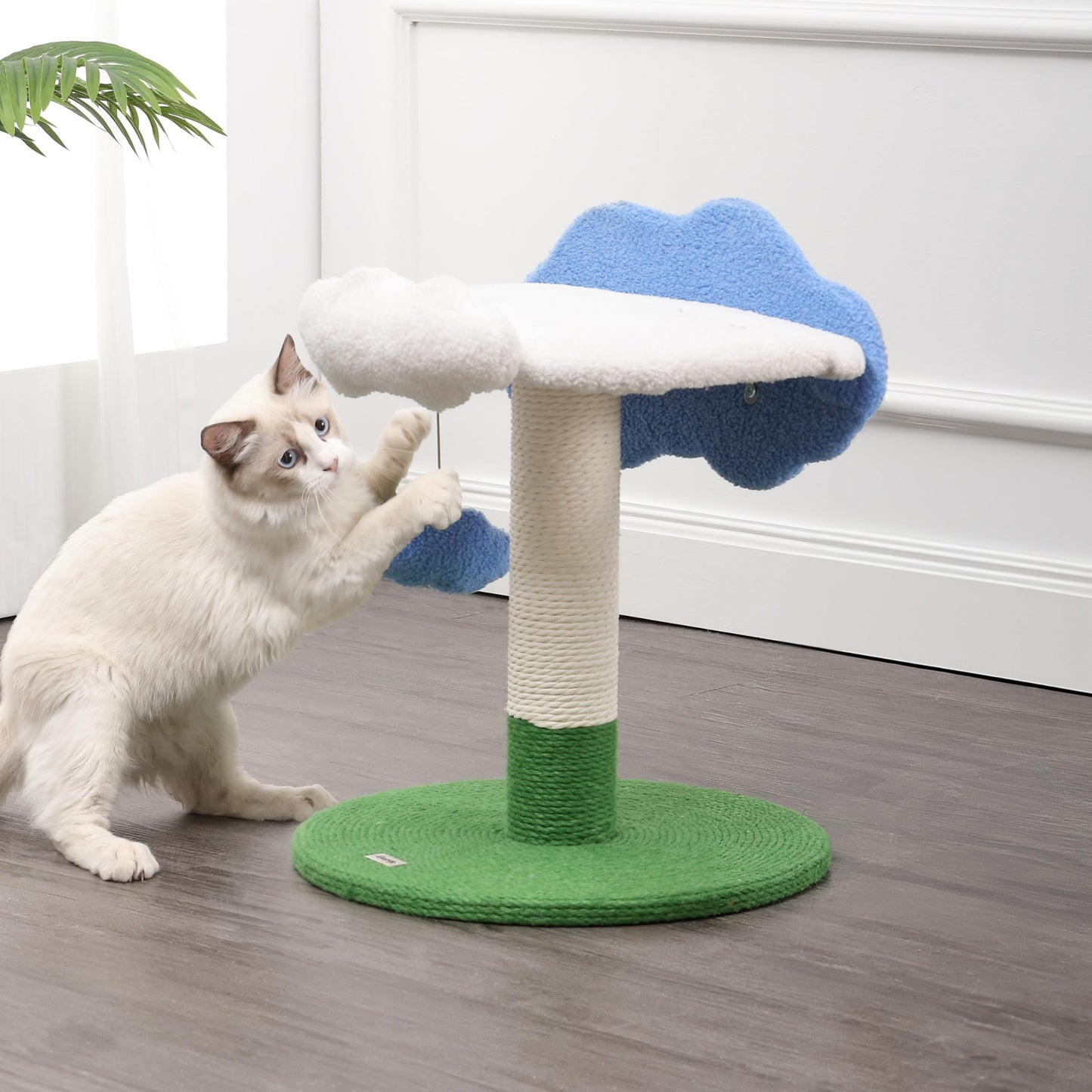 THE LICKER Store CTR1006A Sami 21.5" Modern Jute Cloud Cat Tree with Scratching Post, and Fuzzy Toy, White/Blue/Green