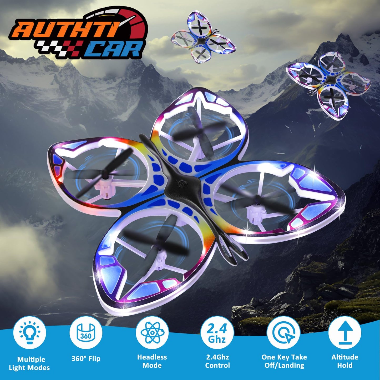 Authticar Mini RC Drone RC Butterfly Drone for Beginners with Colorful Light, 3D Flip, Headless Mode, Altitude Hold, Remote Control, Butterfly Quadcopter Gift for Teens Adults