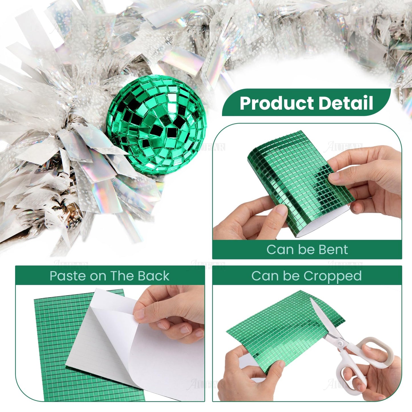 AUEAR, 18 Pack Self Adhesive Glass Mirror Mosaic Wall Tiles Sheet Sticker Disco Ball for DIY Craft Green