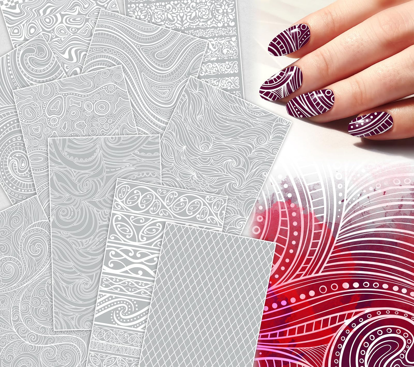 Nail Decals [10 Sheets] Ornamental Line Pattern Strips Set Intricate Curved Lines Swirls Decorative Motifs Flowing Geometric Designs Creating Bold Graphic Manicure Styles Modern Artistic Nail Looks