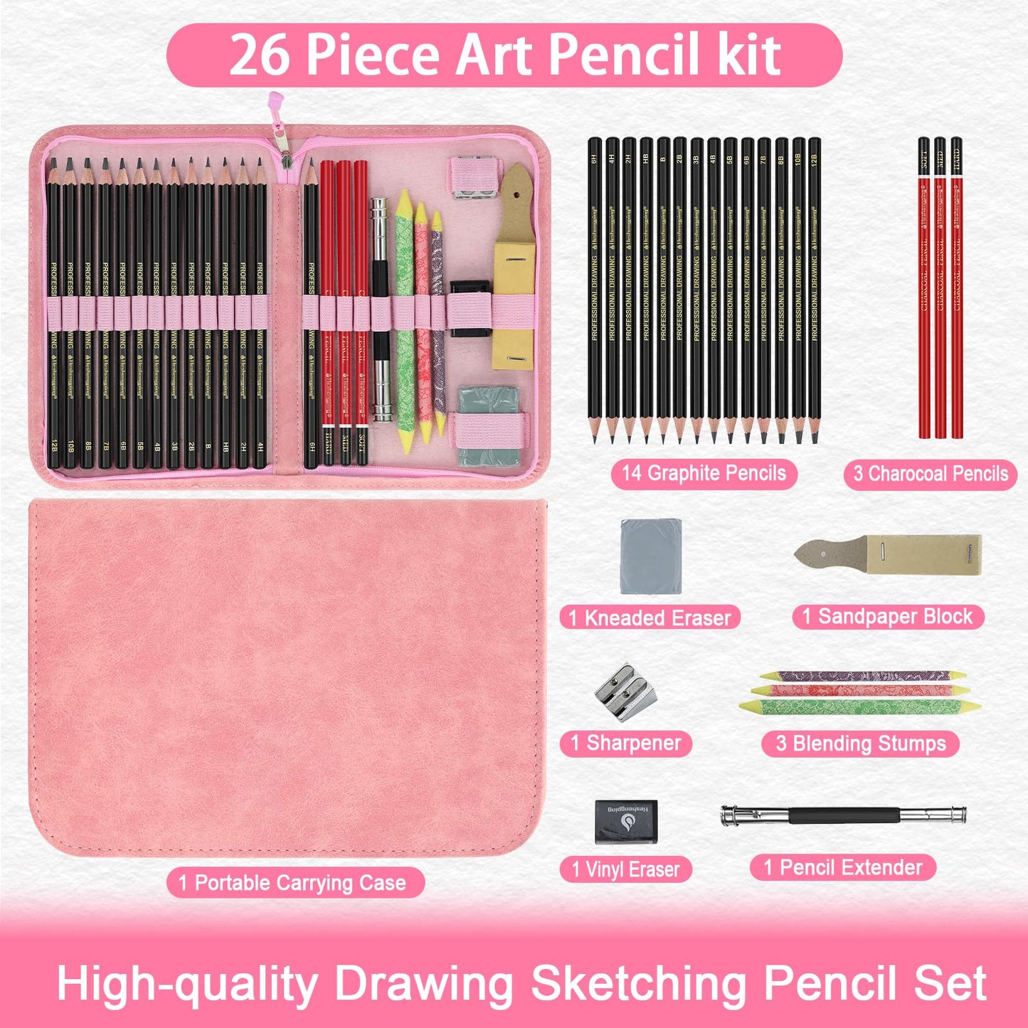 Heshengping, Sketching and Drawing Pencils Set 26pcs, Art Supplies Drawing pencil Kit,Graphite Charcoal Professional Pencils Set, Adults Beginners Artist