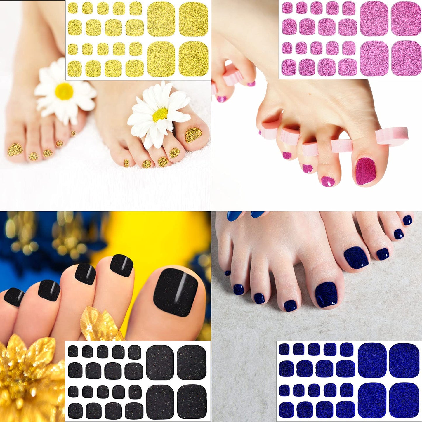 Maitys 20 Sheets 440 Pcs Glitter Toe Nail Stickers Toenail Polish Strips Solid Color Full Wraps with 2 Nail Files for Women Self Adhesive(Vivid Color)