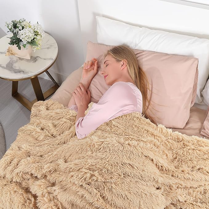 Tuddrom Decorative Extra Soft Faux Fur Blanket Twin Size 70" x 78",Solid Reversible Fuzzy Fluffy Cozy Plush Fleece Comfy Microfiber Blanket for Couch Sofa Bed,Apricot