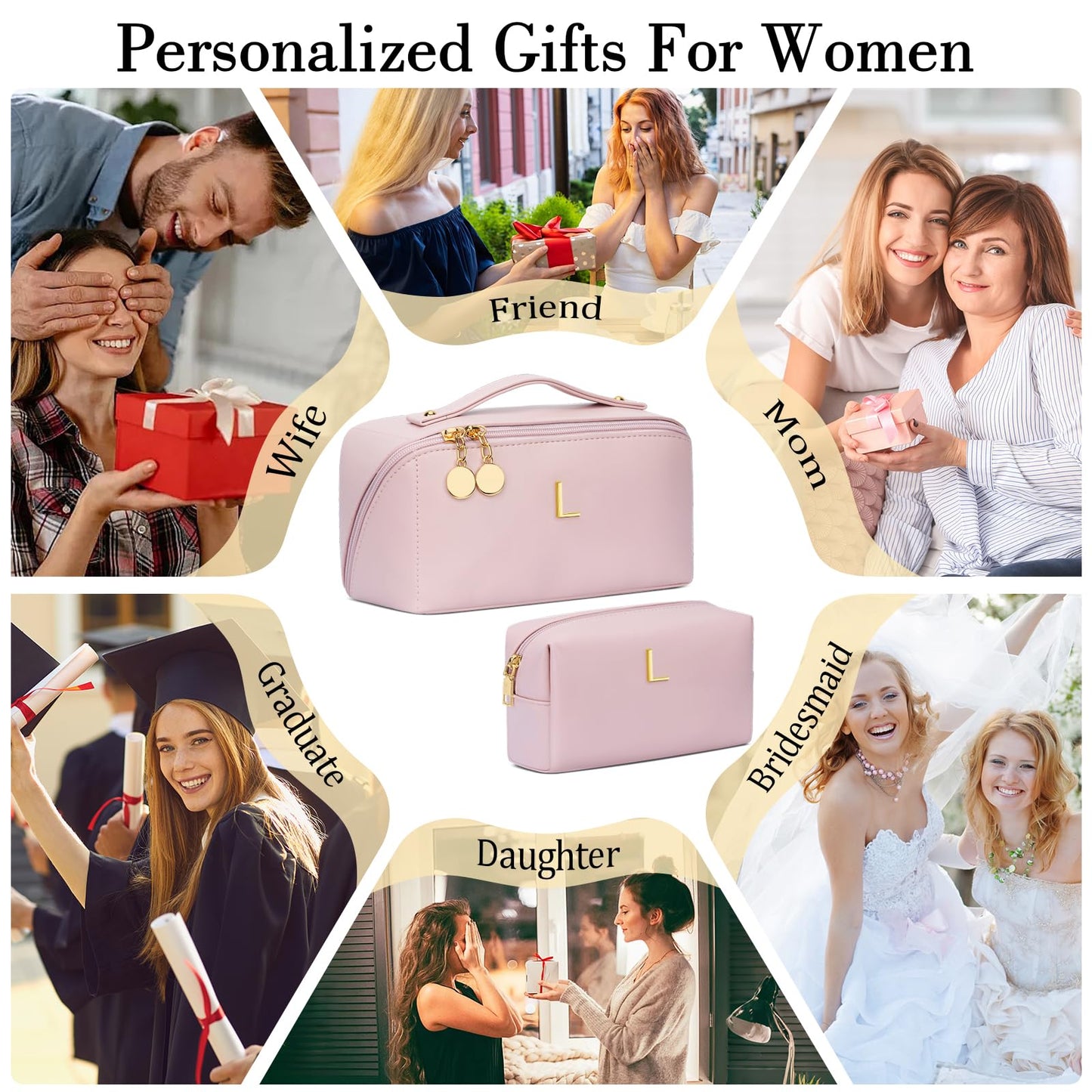 CLOUDWINGS Birthday Gifts for Women Teen Girl, Personalized Initial Makeup Organizer Bag Set, Open Flat Travel Cosmetic Bag With Clear Divider and Handle(Pink,L)