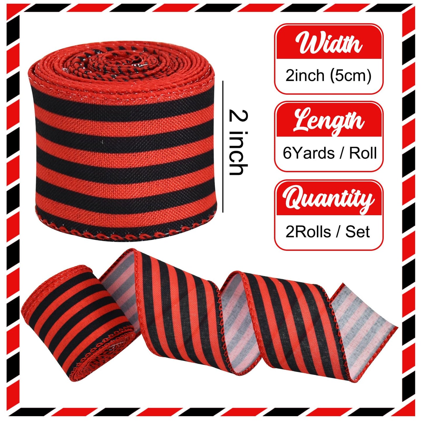 TONIFUL 2 Rolls-2 Inch Red and Black Striped Wired Ribbon,Red and Black Stripe Wired Ribbon for Gift Wrapping, Indoor, Bows Making, Wedding Birthday Party Decoration (6yds/roll)