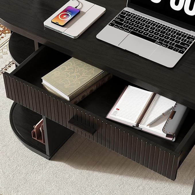 ONBRILL 58" Fluted Executive Desk with Storage, Home Office Desk with Drawers, Wood Computer Writing Desks with Charging Station for Study Living Room Bedroom Work Black