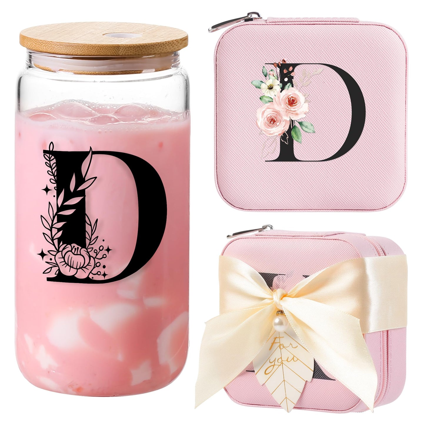 AYGXU Jewelry Box & Glass Set, Pink, Personalized Initial, Small Travel Case, Graduation Gift for Girls