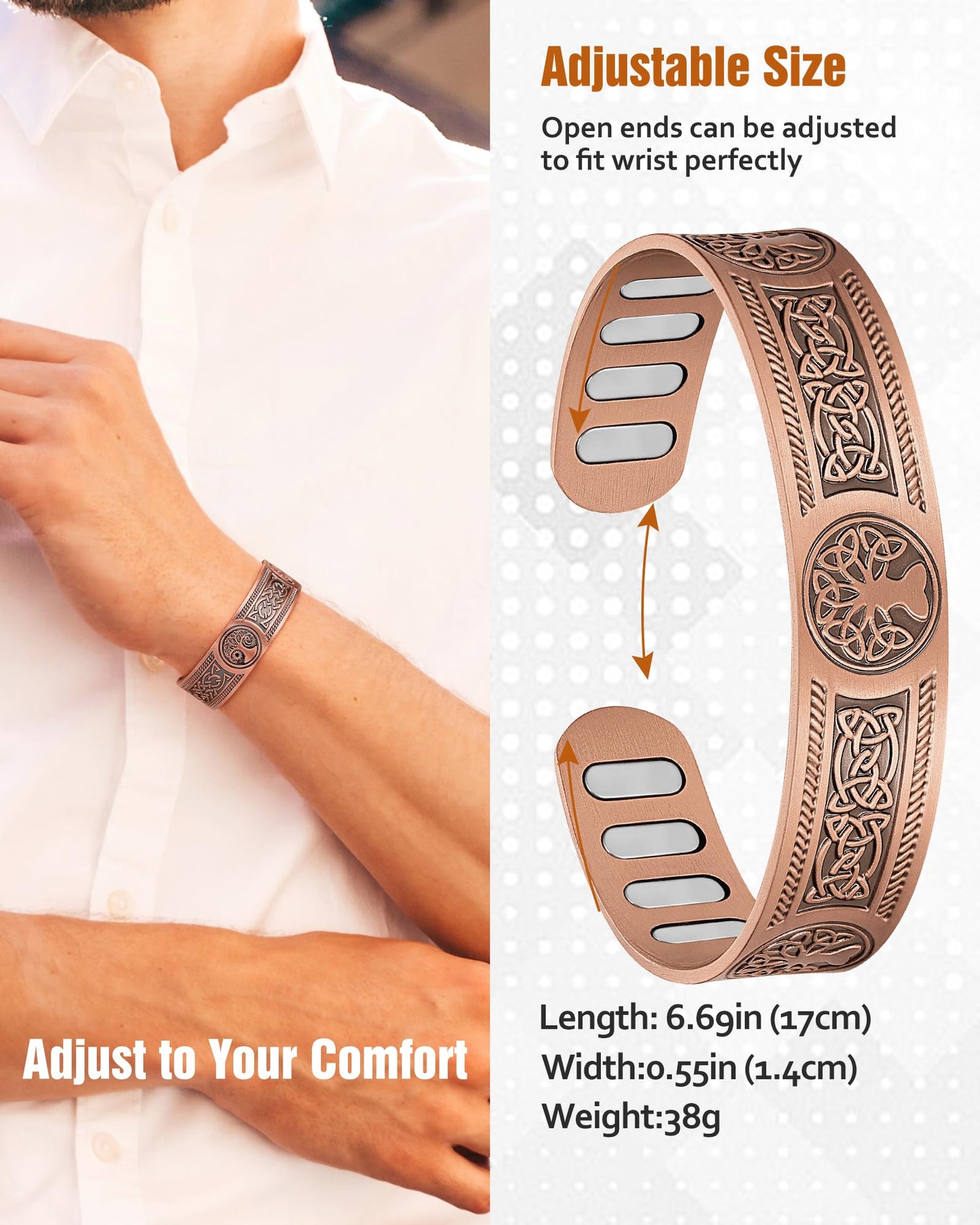 Jecanori Copper Magnetic Bracelets for Men and Women–Upgraded Oval Magnets-Adjustable Cuff Bangles