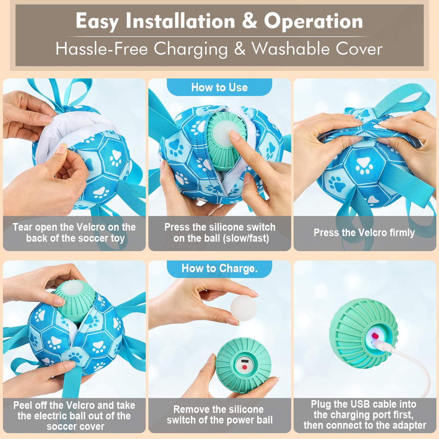Qraxond Interactive Dog Toys Dog Soccer Ball to Keep Them Busy,Durable Automatic Moving Jumping Dog Balls with Straps for Small/Medium/Large Dogs, USB Rechargeable,Not for Aggressive Chewers