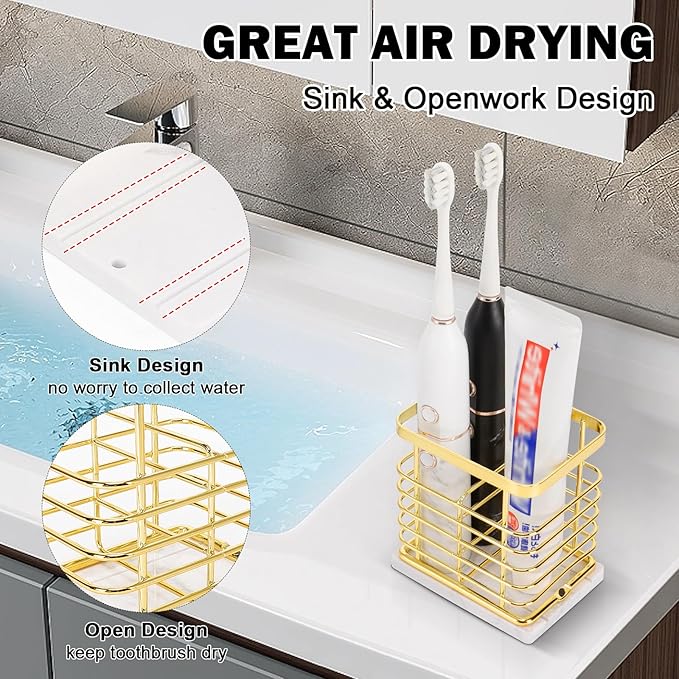 HarJue Toothbrush Holder, Luxurious Metal Toothbrush Toothpaste Holder with Marble Base for Bathroom, Multi-Slots Openwork Design, Bathroom Accessory for Storage and Organizer (Small, Gold)