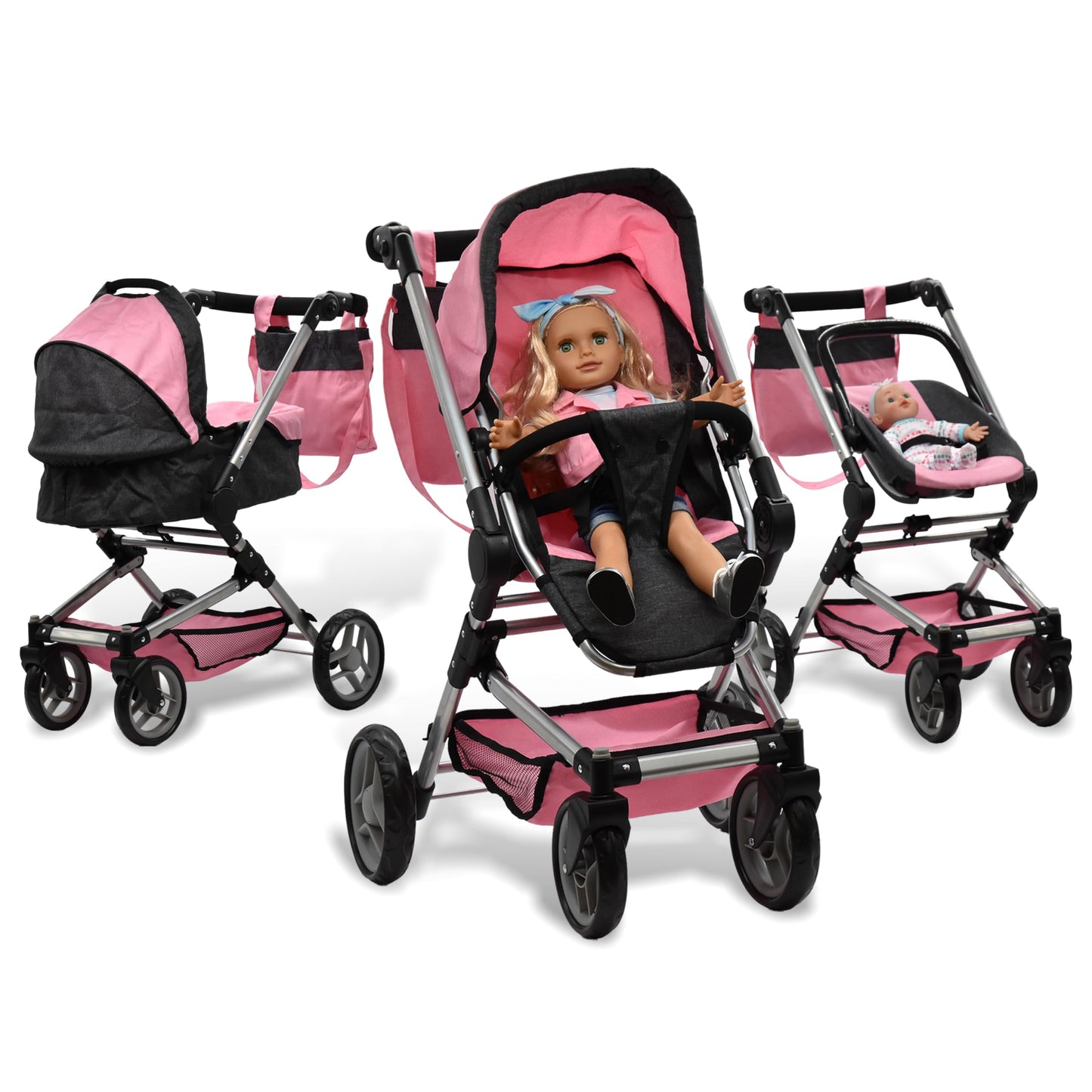 Baby Doll Convertible Stroller 3 in 1 Bassinet and Rear Facing Seat Buggy Foldable Toy Pram for Girls Toddlers Kids Swiveling Wheels Travel System Carriage Combo