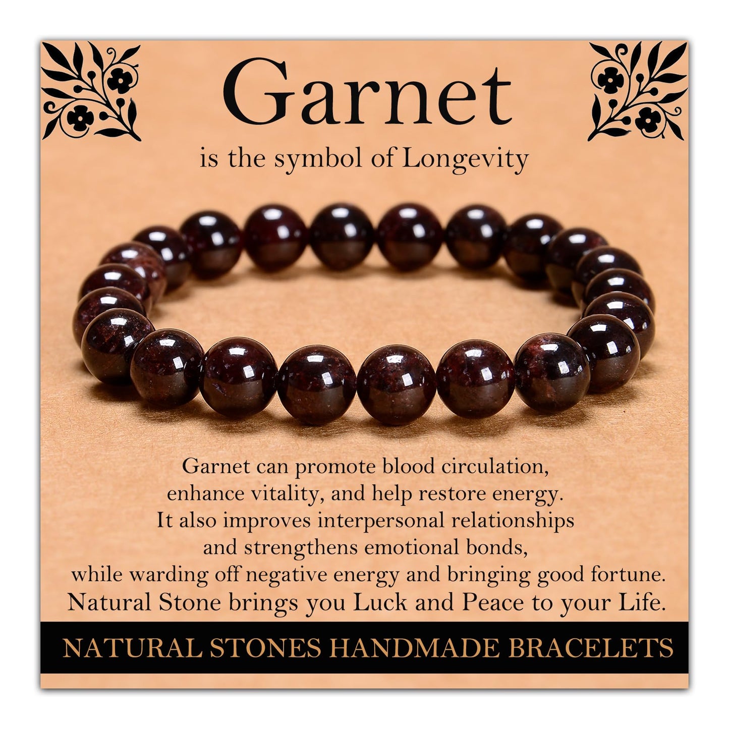 Handmade Natural Gemstone Elastic Bracelet - Healing Crystal Beads Jewelry, Unisex (Garnet, 8mm)