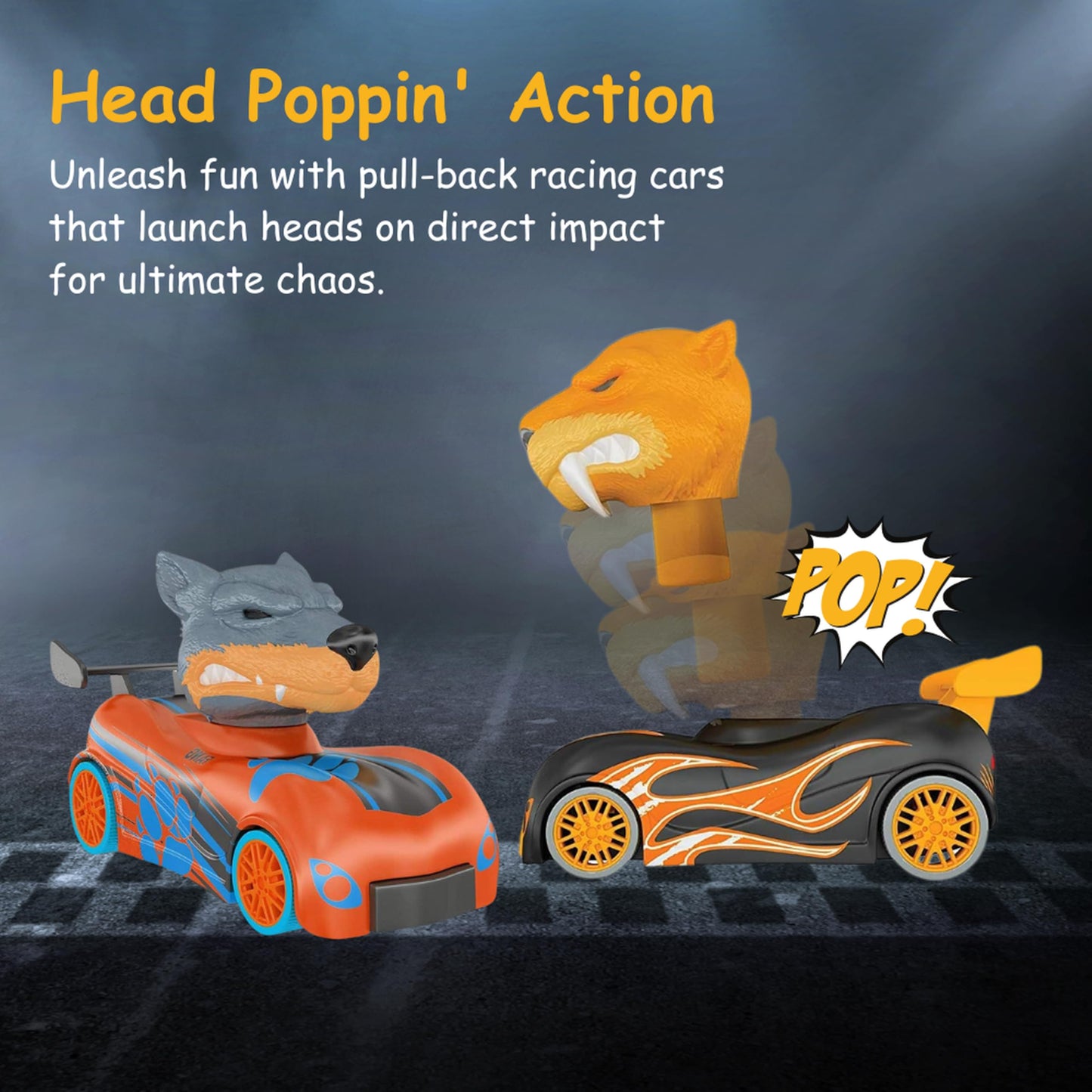 Knuckle Headz Pop-Up Racer Car Toy, Friction-Powered Pull Back Race Car, Head Popping Fun Gift for Kids, Boys, Girls, Ages 3+, Dinosaur