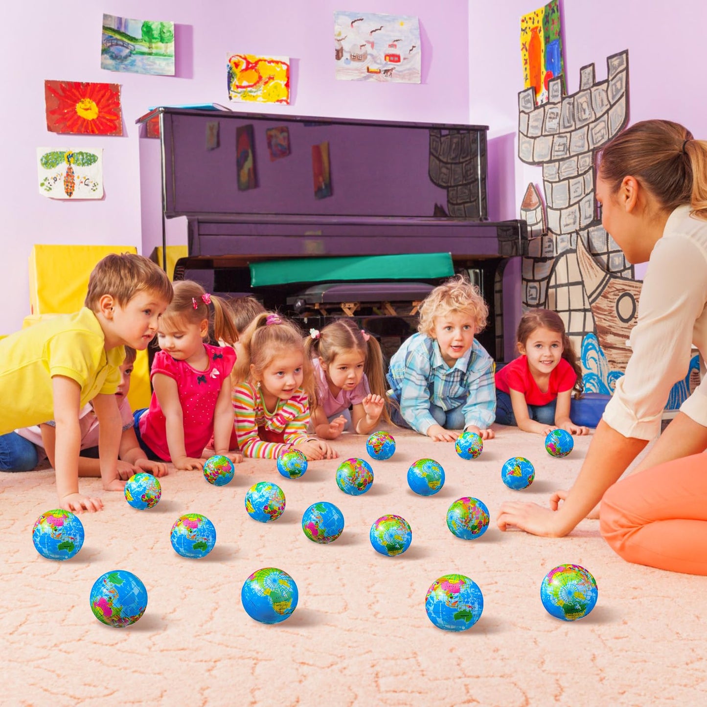 Poen 400 Pcs Globe Squeeze Balls, 2 Inch Mini World Earth Stress Balls Bulk Educational Relief Foam Squeeze Ball with Blue Drawstring Bag for Finger Exercise School Reward Party Gift