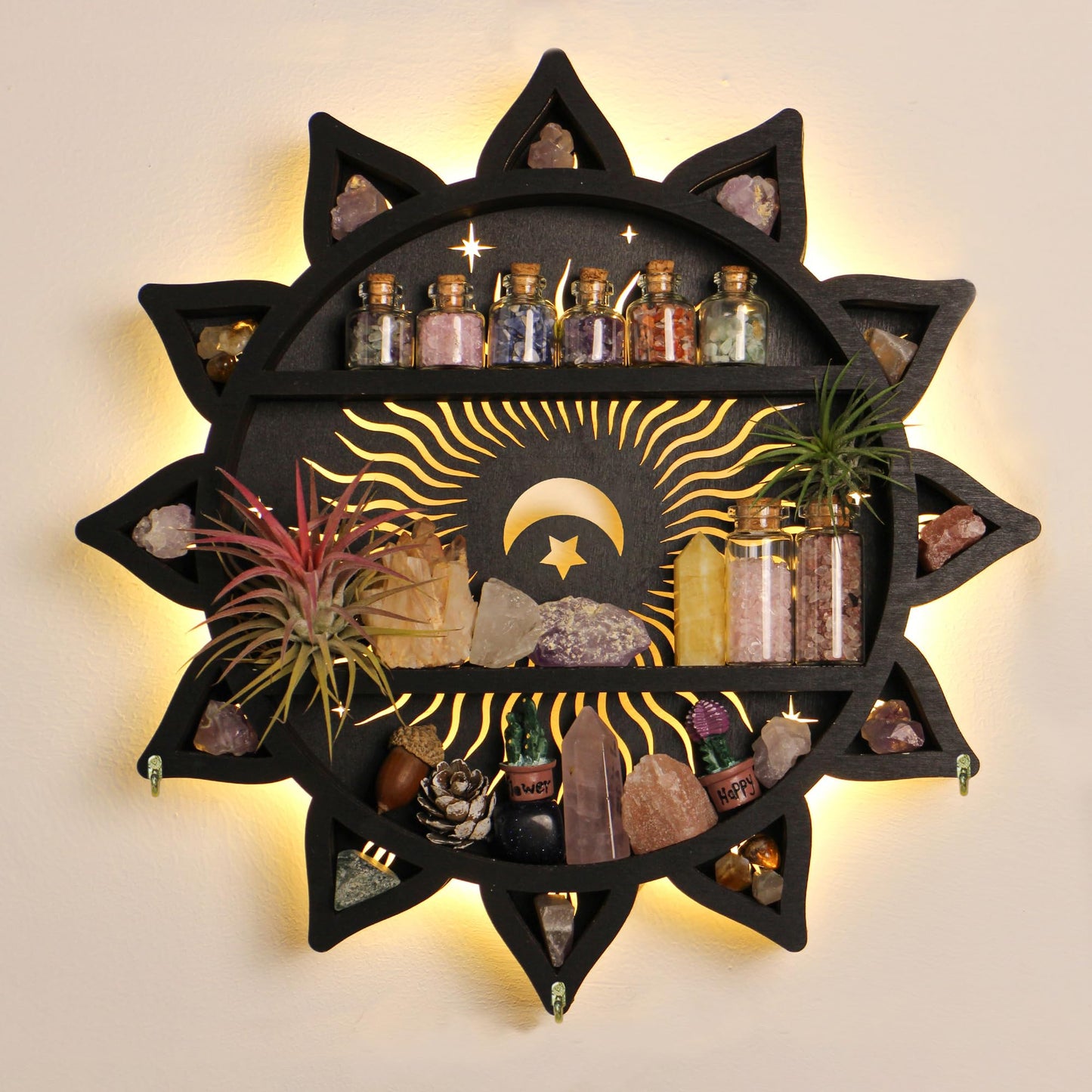 FNYDOX Chakra Lotus Flower Crystal Display Shelf with LED Light, Witchy Home Decor Boho Decorative Wall Mounted Trinket Shelf Wooden Sun Moon Shelf Rock Case Stone Storage Floating Hanging Holder