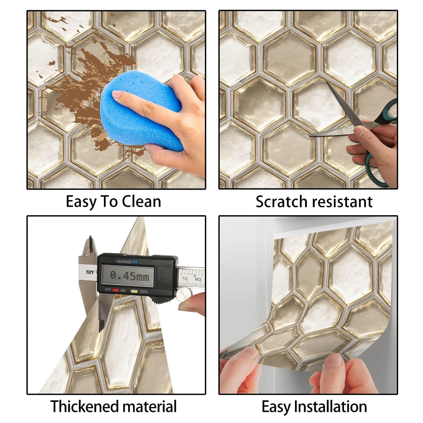 HOMETITUTE 20Pcs Hexagon Gold Glass Look Tile Stickers Peel and Stick Decorative Tiles Waterproof Removable Sticker Tiles Backsplash Decals for Kitchen Bathroom Fireplace Wall Covering 4x4 Inch not 3D