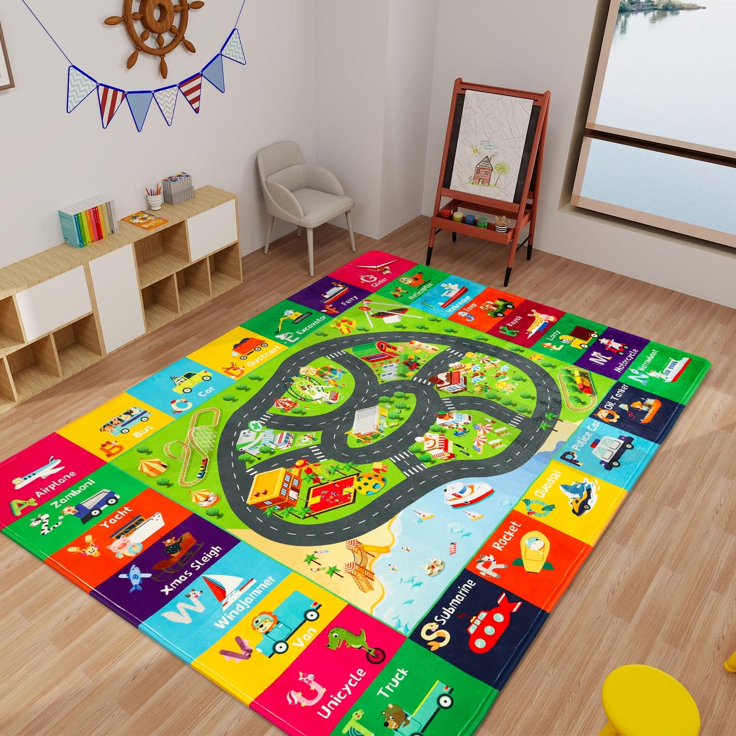 AKASISRUG ABC Transportation Kids Rugs 78.7"×59" for Playroom Educational Alphabet Mat